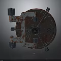 Vintage Rusted Metal Equipment With Circular Body And Mechanical Brackets