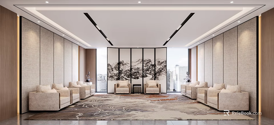 Elegant Hotel Public Lounge Area With Mountain Painting Screen Carpet Sofas And Large Windows 3d model 