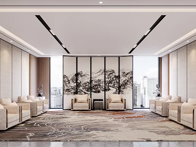 Elegant Hotel Public Lounge Area With Mountain Painting Screen Carpet Sofas And Large Windows 3d model