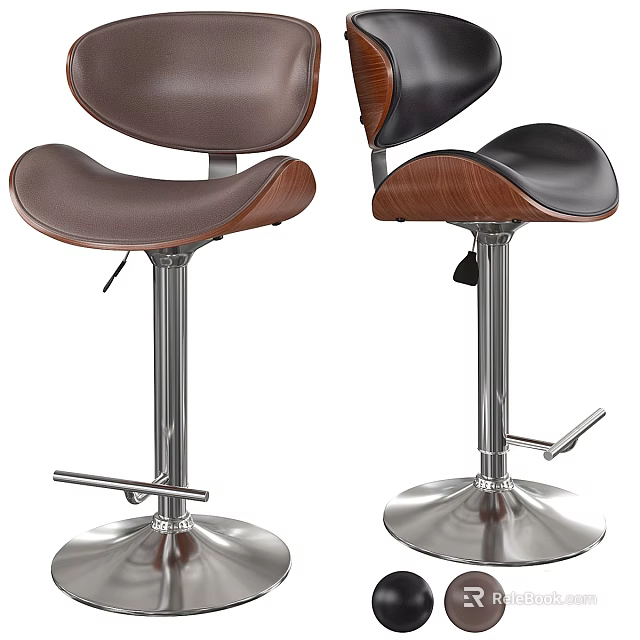 Stylish Leather Bar Stools With Wooden Accents And Metal Adjustable Footrest Base 3d model 