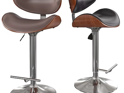 Stylish Leather Bar Stools With Wooden Accents And Metal Adjustable Footrest Base 3d model