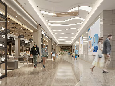 Spacious Shopping Mall Lobby With Modern Lighting Shops And Shoppers 3d model