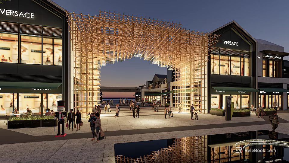 Contemporary Building Facade Featuring Wooden Arch Design Illuminated Evening Commercial Space With Pedestrians 3d model 