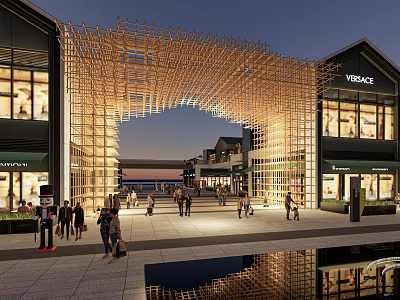 Contemporary Building Facade Featuring Wooden Arch Design Illuminated Evening Commercial Space With Pedestrians 3d model