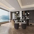 Modern Study Room Interior With Wooden Bookshelves Green Chair Black Desk And Plants