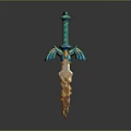 Ornate Fantasy Sword With Teal Spiral Hilt Wing Shaped Guard And Golden Flame Like Crystal Blade