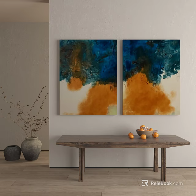 Vibrant Abstract Paintings With Blue Orange And White Fluid Colors For Interior Decor 3d model 
