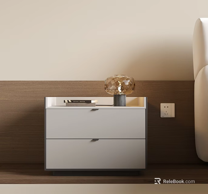 Modern White Bedside Table With Transparent Lamp And Black Book On Wooden Panel Wall 3d model 