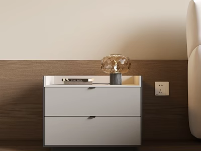Modern White Bedside Table With Transparent Lamp And Black Book On Wooden Panel Wall 3d model