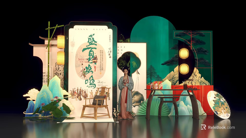 Traditional Chinese Summer Photo Spot With Ancient Decor Hanfu Figure Lotus And Lanterns 3d model 