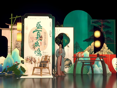 Traditional Chinese Summer Photo Spot With Ancient Decor Hanfu Figure Lotus And Lanterns 3d model