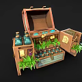 Open Wooden Chest With Bottles Plants Jars And Books Inside