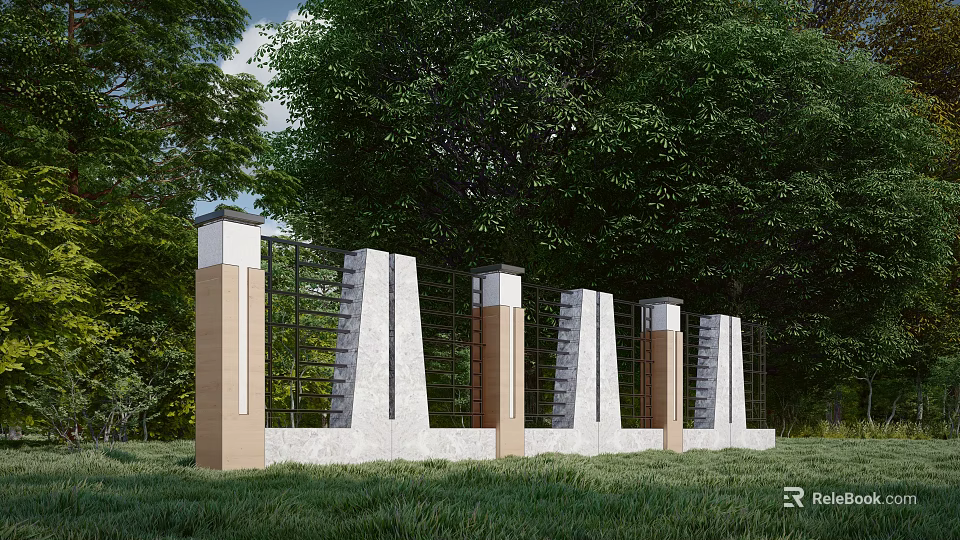Modern Garden Wall With White Brown Columns Grid Design And Green Trees On Grass 3d model 