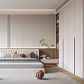 Modern Minimalist Bedroom Interior Design With Comfortable Bed Nightstand Bookshelf And Wardrobe
