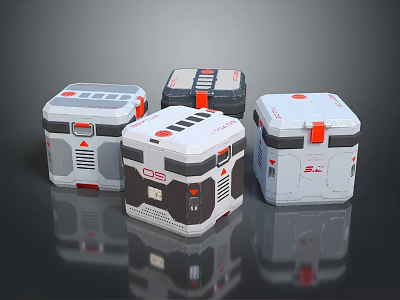 Four White Storage Containers With Red Black Accents And Sleek Design 3d model