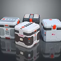Four White Storage Containers With Red Black Accents And Sleek Design