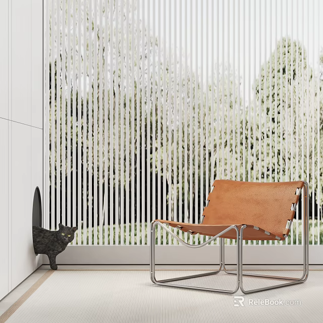 Brown Leather Accent Chair With Metal Frame By Window With Vertical Blinds And Trees Outside 3d model 