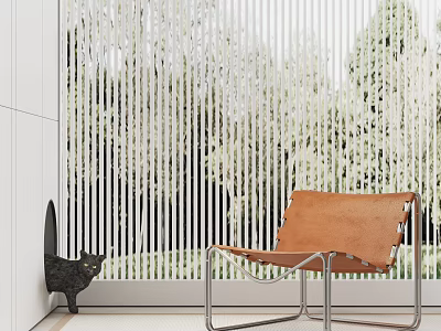 Brown Leather Accent Chair With Metal Frame By Window With Vertical Blinds And Trees Outside 3d model