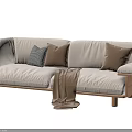 Beige Fabric Double Sofa With Wooden Legs Cozy Pillows And Throw Blanket