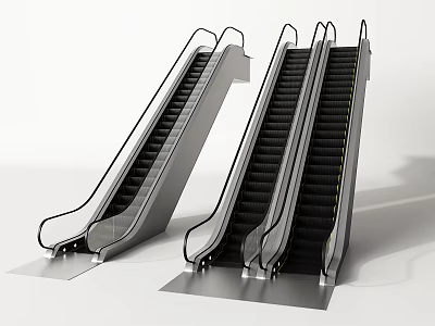 Modern Escalators With Metal Frame And Black Steps In Commercial Building 3d model
