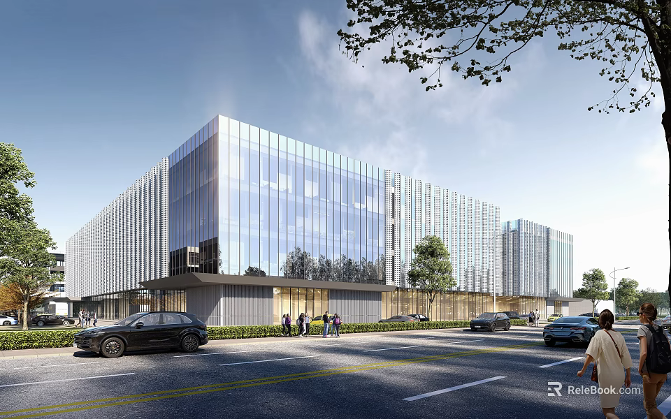 Modern Industrial Park Featuring Glass Facades Trees Roadside Cars and Pedestrians 3d model 