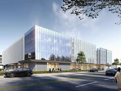 Modern Industrial Park Featuring Glass Facades Trees Roadside Cars and Pedestrians 3d model