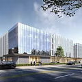 Modern Industrial Park Featuring Glass Facades Trees Roadside Cars and Pedestrians