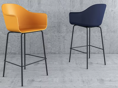 Modern Orange and Navy Blue Bar Stools with Armrests and Metal Frames Against Gray Wall 3d model
