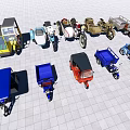 Various Motorcycles and Tricycles in Different Colors Displayed on Tiled Ground