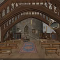 Medieval Architectural Interior With Arched Wooden Roof Trusses Stone Walls And Wooden Benches