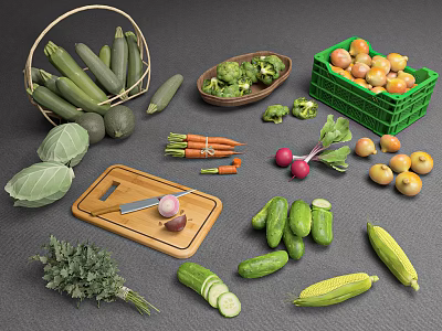 Fresh Assorted Vegetables Including Zucchini Broccoli Tomatoes Carrots Cucumbers on Cutting Board 3d model
