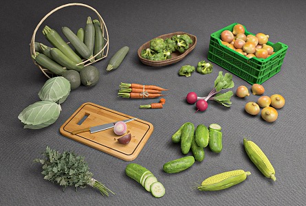 Modern Vegetables Fruit Vegetables Cabbage Carrot Onion Turnip Cucumber Corn Chopping Board Vegetable Basket 3d model