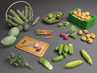 Modern Vegetables Fruit Vegetables Cabbage Carrot Onion Turnip Cucumber Corn Chopping Board Vegetable Basket 3d model