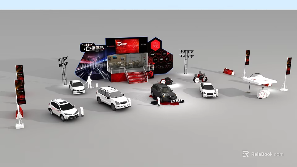 Automotive Exhibition Booth Setup With Multiple Cars And Display Elements 3d model 