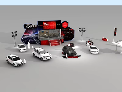 Automotive Exhibition Booth Setup With Multiple Cars And Display Elements 3d model