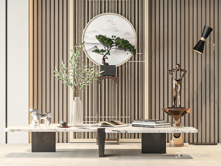 Modern Minimalist Coffee Table With Marble Surface Vase Books Sculpture And Circular Wall Art 3d model 