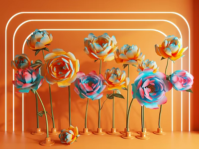 Vibrant Colorful Flowers With Neon Light Decor Orange Background Photo Check-in Spot 3d model