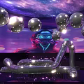 Futuristic Interior With Neon Lit Helmet Disco Balls And Silver Pipes