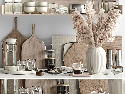 Modern Natural Tableware Set With Wooden Trays Glass Cups Ceramic Bowls And Coffee Accessories 3d model