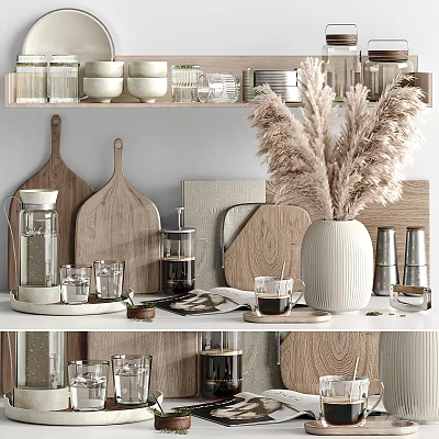 Modern Natural Tableware Set With Wooden Trays Glass Cups Ceramic Bowls And Coffee Accessories 3d model