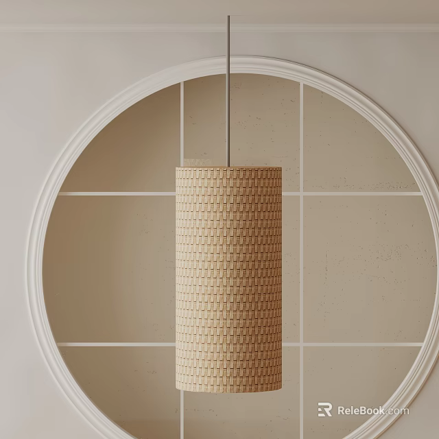 Woven Texture Chandelier Hanging In Circular Frame Against Light Colored Wall With Grid Lines 3d model 