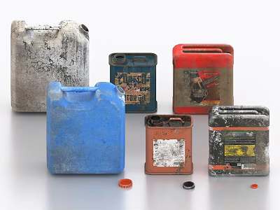 Rusted Worn Industrial Equipment Various Colored Metal Oil Drums With Small Caps On White Background 3d model