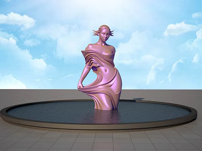 Modern Female Sculpture With Rose Gold Finish In Circular Water Pool Under Blue Sky 3d model