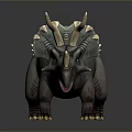 Realistic Triceratops Dinosaur Model With Brown Horns Frill And Gray Body Standing On Dark Background