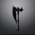 Ornate Battle Axe Weapon With Carved Metal Blade And Red Textured Handle