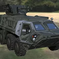 Military Armored Vehicle with Camouflage 6x6 Wheel Configuration Roof Mounted Weapon System in Outdoor Environment