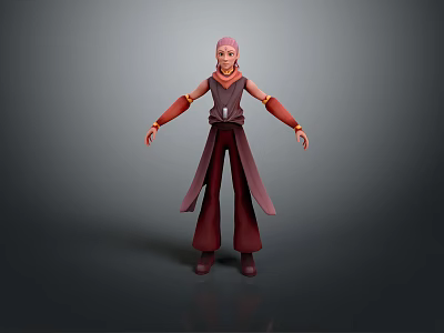 3D Character Model Featuring Pink Hair Crimson Purple Outfit Long Sleeves Loose Pants Gray Background 3d model