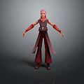 3D Character Model Featuring Pink Hair Crimson Purple Outfit Long Sleeves Loose Pants Gray Background