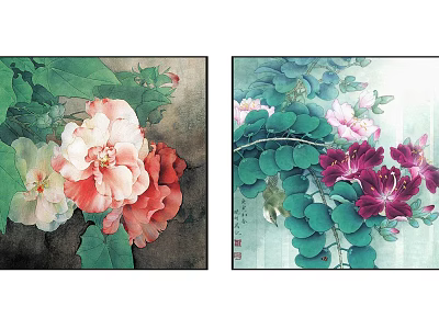 Botanical Paintings with Pink Red Purple Flowers and Green Leaves Vines 3d model