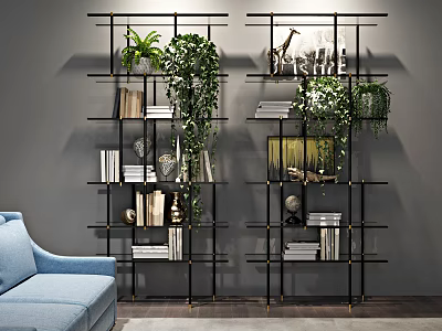 Black Metal Shelving Units With Books Decorative Items And Trailing Green Plants In Living Room Interior 3d model